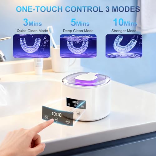 Ultrasonic Cleaner 50 kHz, Rechargeable Ultrasonic Cleaner 2000 mAh with 4 UV Lamps, 230 ml Container for Dentures, Toothbrushes, Aligners, Retainers, Dentures, Jewellery – White