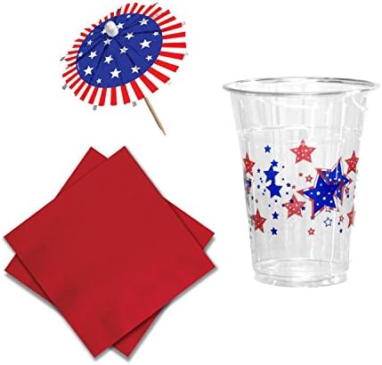 Red White and Blue Festive Star Party Cups - Includes 20 Plastic Beverage Cups, 20 Beverage Napkins and 24 Drink Umbrellas