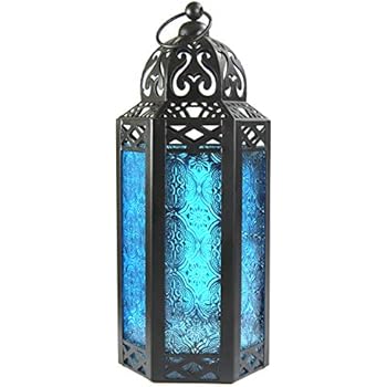 Vela Lanterns Moroccan Style Candle Lantern, Medium, Blue Glass
