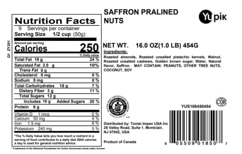 YUPIK SAFFRON PRALINED MIXED NUTS, 1 LB, WITH ROASTED ALMONDS, CASHEWS, WALNUTS, BRAZIL NUTS & HAZELNUTS, COOKED WITH SAFFRON, BROWN, PACK OF 1