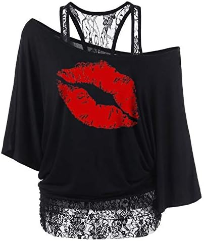 Gaddrt Tops Women's Ladies Fashion Skew Collar Lace Lips Print Patchwork Twinset T-Shirt Top Blouse