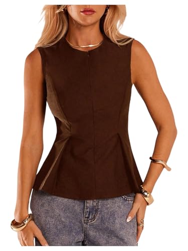 Milumia Women's Pleated Hem Peplum Top Zip Up Sleeveless Fitted Elegant Business Going Out Tops Brown Large at Amazon