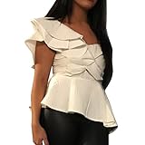 AOMEI Women's Bold should Off White Ruffles Puff Sleeve Blouse Tops Shirts