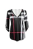 Forlisea Womens V Neck 3/4 Sleeve Casual Plaid Shirt Loose Blouse Pullover Tops