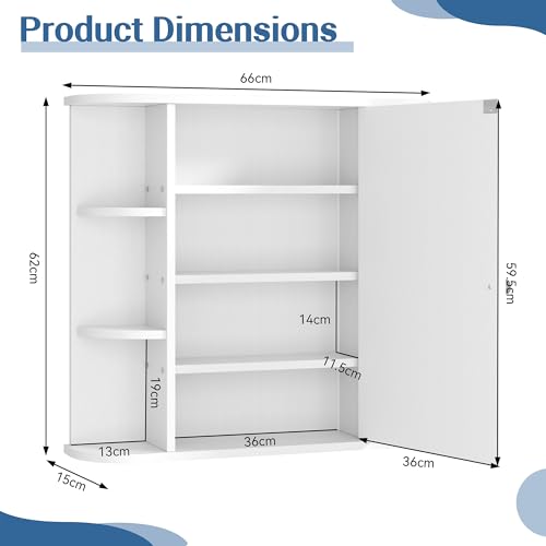 Shintenchi Bathroom Wall Cabinet with Mirror, Mounted Medicine Cabinets with 4 Internal and 6 Open Shelves, Mirrored Door Over the Toilet Storage, White