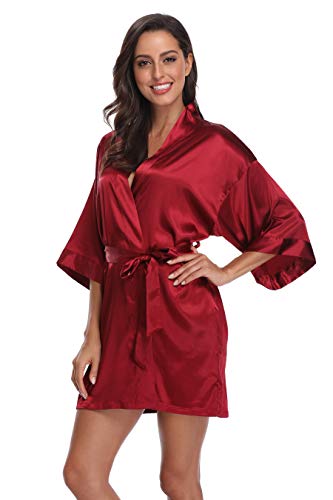 Women's Silky Bride Bridesmaid Kimono Robes Short Wedding Party Getting Ready Robe Dressing Gown with Gold Glitter, Bridesmaid Wine L