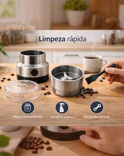 Moedor de Café Elétrico 220V Premium em Aço Inoxidável – Triturador de Grãos Café Pimenta Temperos e Especiarias – Compacto Potente Moagem Uniforme e Fácil de Limpar