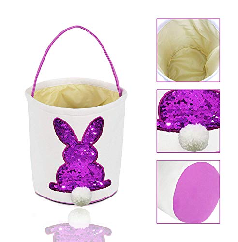 Poptrend Easter Basket Bags,Easter Eggs/Gift Baskets for Kids,Bunny Tote Bag Bucket for Easter Eggs,Toys, Candy,Gifts (Purple Paillette)