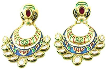Harvi Creations Women's Polki Earrings Set Jewellery Meenakari Dangle Style Golden Jhumki Jewelry Gift