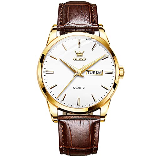 OLEVS Mens Watches Leather Wristwatch with Waterproof Luminous Analog Quartz Fashion Business Sport Watches for Men, brown band white dial gold case, Quartz Watches