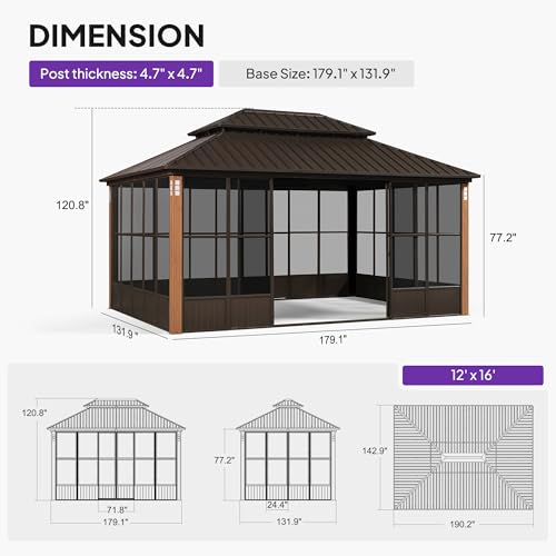 PURPLE LEAF 12x16 Solarium Hardtop Gazebo with Double Roof & 3-Mode Windows, Bronze Frame image 16