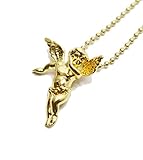 Mini 14k Gold Angel Jesus Piece Pendant Moon Cut Ball Chain Necklace
