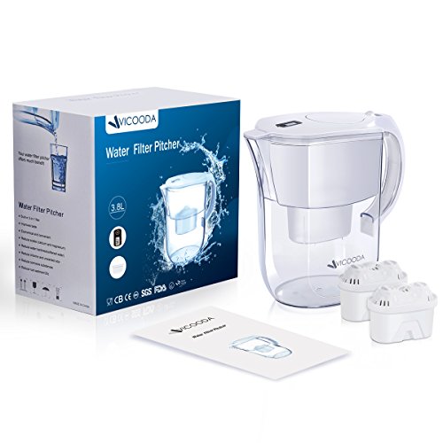 VICOODA Water Filter Pitcher, 10 Cup Pitcher with Electronic Filter Indicator, 2 Filters - BPA Free, Comfortable Handle, Fast Filtering Outlet, Ultra Adsorptive Material - White