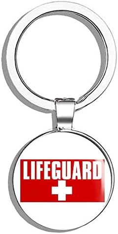 HJ Media Red Lifeguard (Cross Swim Beach) Metal Round Metal Key Chain Keychain Ring