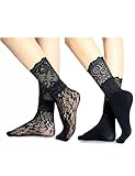 Women Black Lace Nylon Dress Socks, Cute Stylish Fishnet, Mid Calf Ankle High