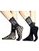 Women Black Lace Nylon Dress Socks, Cute Stylish Fishnet, Mid Calf Ankle High
