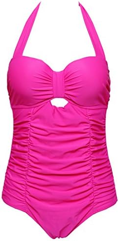SAILING Halterneck Monokini Swimwear Bandeau Push-up Padded Bra Ruching Pin Up Girl Vintage Bathing Suit Pink Plus Size XL
