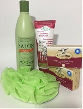 European SPA Bundle for Mother's Day, Birthday, Woman's Gift Set includes: Goat’s Milk Body Cream, Goat’s Milk Hand Soap with Bath Sponge and Olive & Fruit Oil Shampoo (5 piece bundle)