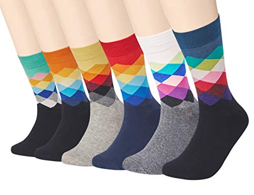 Men's Dress Socks Funky Colorful Argyle Printed Novelty Cotton Crew Socks Cool Fashion Funny 6 Pairs