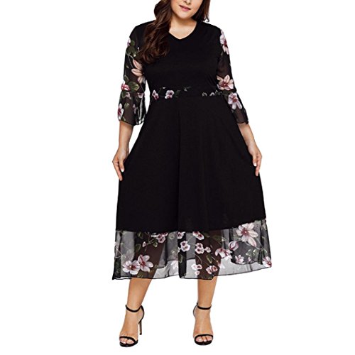 Women's Vintage Prom 3/4 Sleeve Chiffon Floral Print V Neck Cocktail Party Plus Size Swing Dress (Black, XL) - Thumbnail 6
