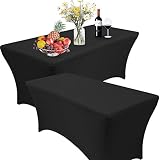 RELIANCER 2 Pack 6FT Rectangular Spandex Table Cover Four-Way Tight Fitted Stretch Tablecloth Table Cloth for Outdoor Party DJ Tradeshow Banquet Vendor Wedding Celebration (2PC 6FT, Black)
