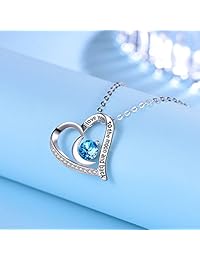 Fine Jewelry Gifts I Love You to the Moon and Back Necklace Heart Moon Sterling Silver Jewelry Blue Aquamarine Necklace Birthday Gift For Mom Wife Women Girls