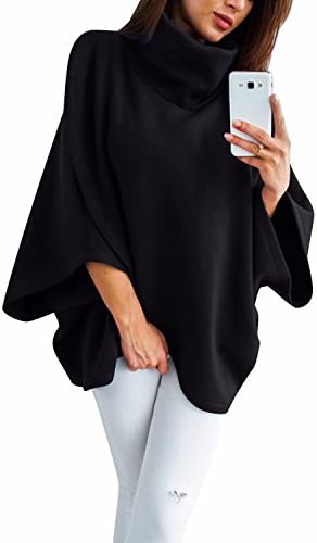 LANISEN Women's Turtleneck Poncho Asymmetric Hem Wrap Pullover Sweatshirt Black L