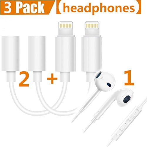 [ 2 Pack + 1 Pack headphones ] Headphone Adapter to 3.5mm earbuds Jack Adapter – Lightning Connecter to 3.5mm Audio Jack Earphone Extender Jack Stereo for iPhone 7 / 7 Plus - Not Support IOS 10.3