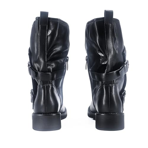 JOMIX Women's Biker Boots with Side Buckles – Faux Leather Ankle Boots with Zip, Casual and Chic