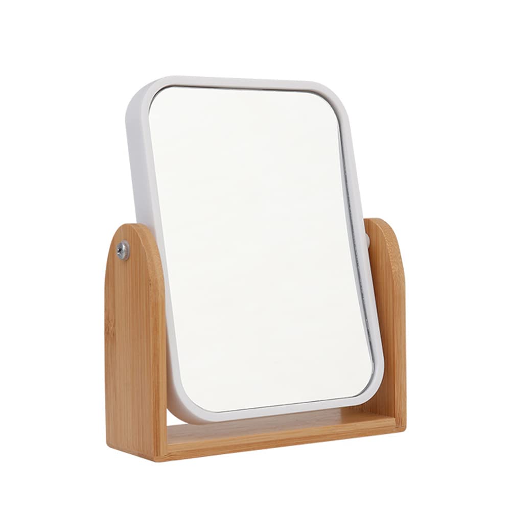 Hosoncovy Double Sided Mirror - 360 Degree Rotatable Tabletop Makeup Mirror with Stand - High Clear Wooden Desktop Rectangular Free Standing (White)