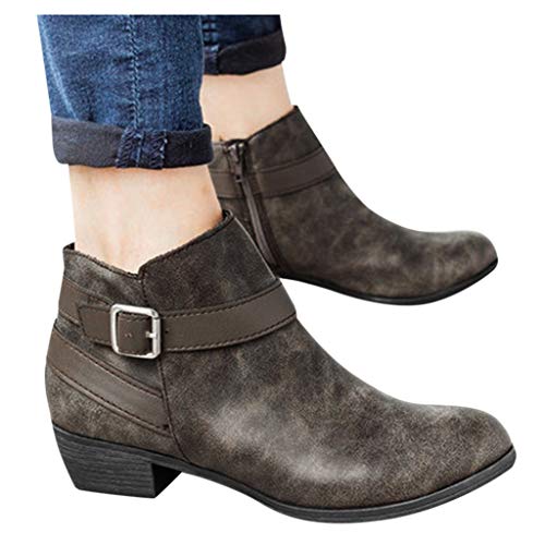 TnaIolral Women Ankle Boots Round Toe Low-Heele Zipper Buckle Strap Roman Shoes (US:8, Gray)
