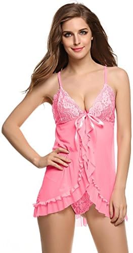 hotstype Women Sexy Floral Lace Mesh Babydoll Lingerie Set Chemise Halter Nightwear