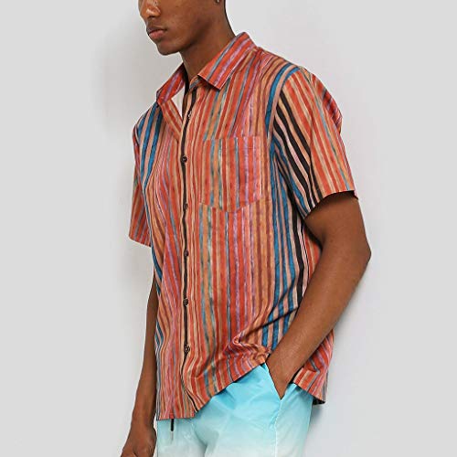 Mens Short Sleeve Shirts Button Down Striped Beach Summer Tops Lightweight Fashion Tees Spread Collar T-Shirt Blouse (Red, XXXL)