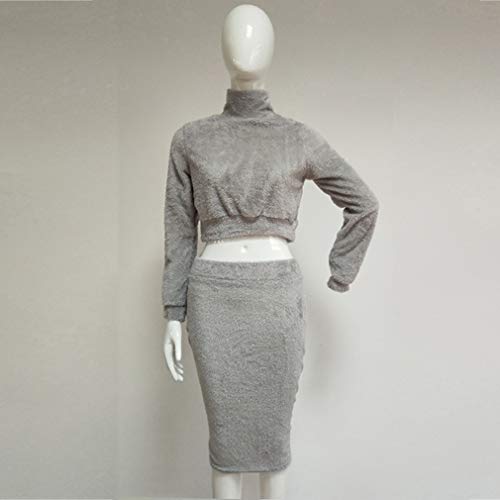 Meolin Women 2PCS Sweater Skirt Set Autumn Winter Long Sleeve Cropped Top and Pencil Skirt Knitted Suit,Gray,XL - Thumbnail 2