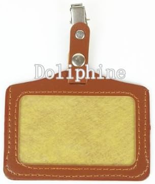 Business Name Tag Leather ID Badge Card Holder with Metal Clip & Snaps (Brown Horizontal)