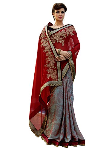 Shonaya Women's Embroidered Georgette Red Half & Half Saree With Unstitched Blouse Piece