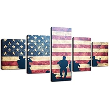 Vintage American Flag Military Pictures for Living Room Retro USA Flag Modern Patriotic Wall Art Painting on Canvas 5 Panels Framed Posters and Prints Artwork Home Bedroom Office Decor (50''Wx24''H)