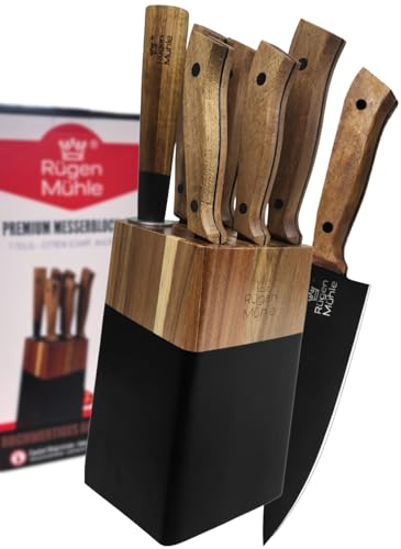 The Original – Rügen Mühle Premium Design Knife Block, 7 Pieces, Acacia Real Wood, Stainless Steel, Rustproof, Knife Set, Knife Block with Knife, Knife Set, Kitchen Knife Set, Knife Set with Block