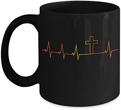 "Gold Cross Heartbeat" Mug. These Mugs make Great Gifts for anyone looking for Gifts for Women Christian, Religious Gifts for Men, Christian Coffee Mugs, Christians Gifts for Men or Bible Quotes Mug.