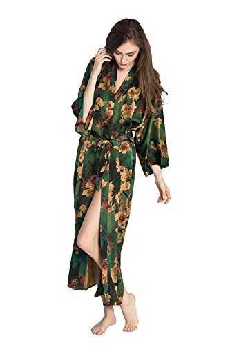 Old Shanghai Women's Kimono Robe Long - Watercolor Floral, Azumi- Green