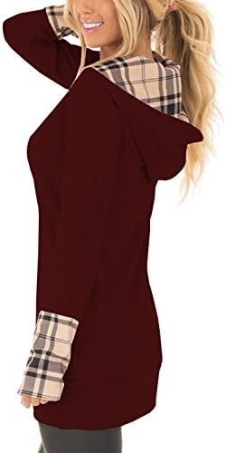 Women's Long Sleeve Plaid Hoodies Tunic Tops Button Cowl Neck Casual Slim Blouse