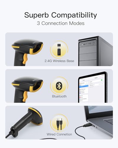 Inateck BCST-21 Wireless 1D Barcode Reader, 3 in 1 Barcode Shower Compatible with Bluetooth and 2.4GHz Wireless and USB Wired, 2000mAh with APP and SDK, for Android iOS PC, BCST-21