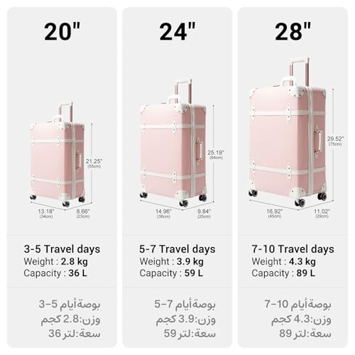 urecity Vintage Luggage Set 20"/24"/28" – Retro PU Leather Suitcase with TSA Lock, 360° Spinner Wheels & Telescopic Handle – Lightweight Travel Trolley (Soft Pink)