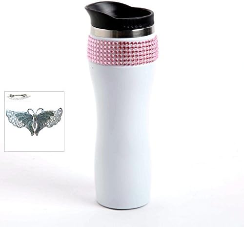 Bling and Rhinestone White Stainless Steel Travel Coffee Mug for Women (13 oz) with a 3" Glitter Hair Accessory (Butterfly Barette) (Rhinestone White) - Best Christmas Gift Women