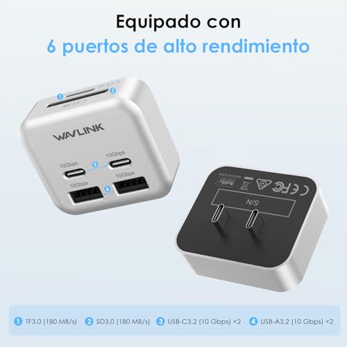 Mac mini M4 Hub | WAVLINK 6 puertos: 2 USB-C 10G, 2 USB-A 10G, lector tarjetas SD/TF 3.0 | Transferencia rápida y conexión múltiple para Mac mini M4 y M4 Pro