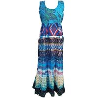 Mogul Women's Summer Sundress Blue Sleeveless Tie Back Caftan Tank Dress S/M