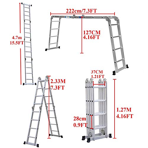 ZhanGe Scaffold Ladder, Extension Ladder 4.7M, Multi-Purpose Ladder, Adjustable Combination 15.5Ft Extendable Aluminum Folding Collapsible Lightweight Locking Hinges 330lbs Capacity En131 Standard