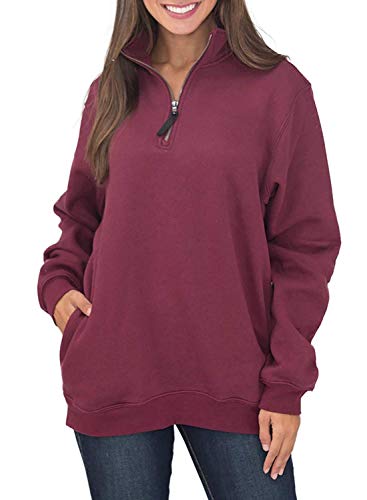 VIENJOY Womens Sweatshirts Oversized Long Sleeves Collar Quarter 1/4 Zip Fleece Pullover Sweatshirts for Women with Pockets Comfy Outwear Tunic Top Shirts Burgundy L