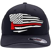 Thin Red Line Fire Department Distressed American Flag with Firefighter Axe Embroidered. 6477/6277 Flex Fitted Baseball Hat