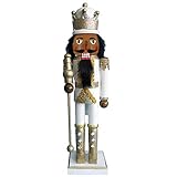 Christmas Holiday Wooden Nutcracker Figure African Soldier King with Traditional Gold and White Glitter Uniform Jacket, Boots, and Crown with Silver Sparkle Rhinestone & Braided Details, Large, 15